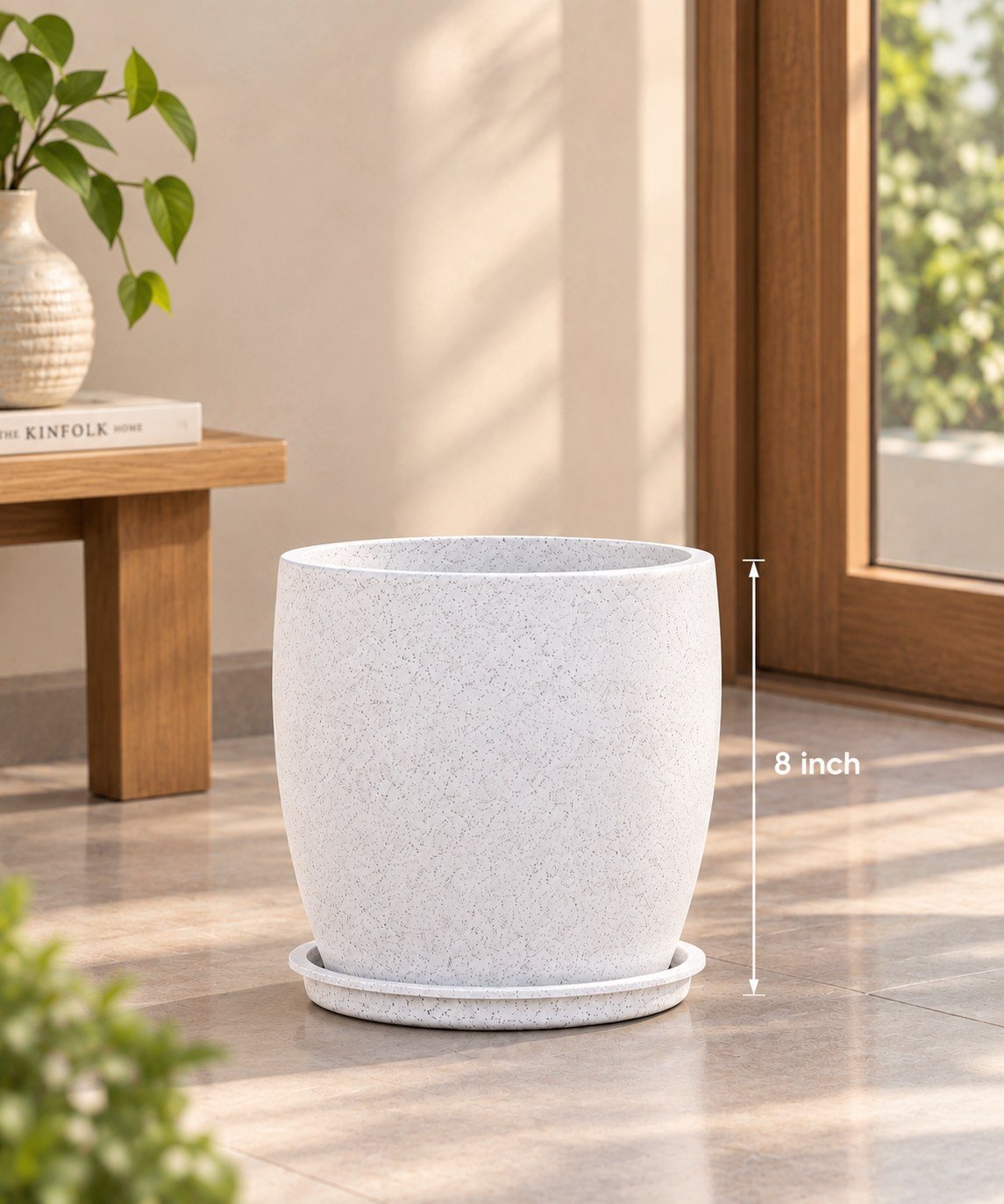 OUTAREA Pluto 8 Inch White Roto Fibre Planter Pot for Home Garden Balcony