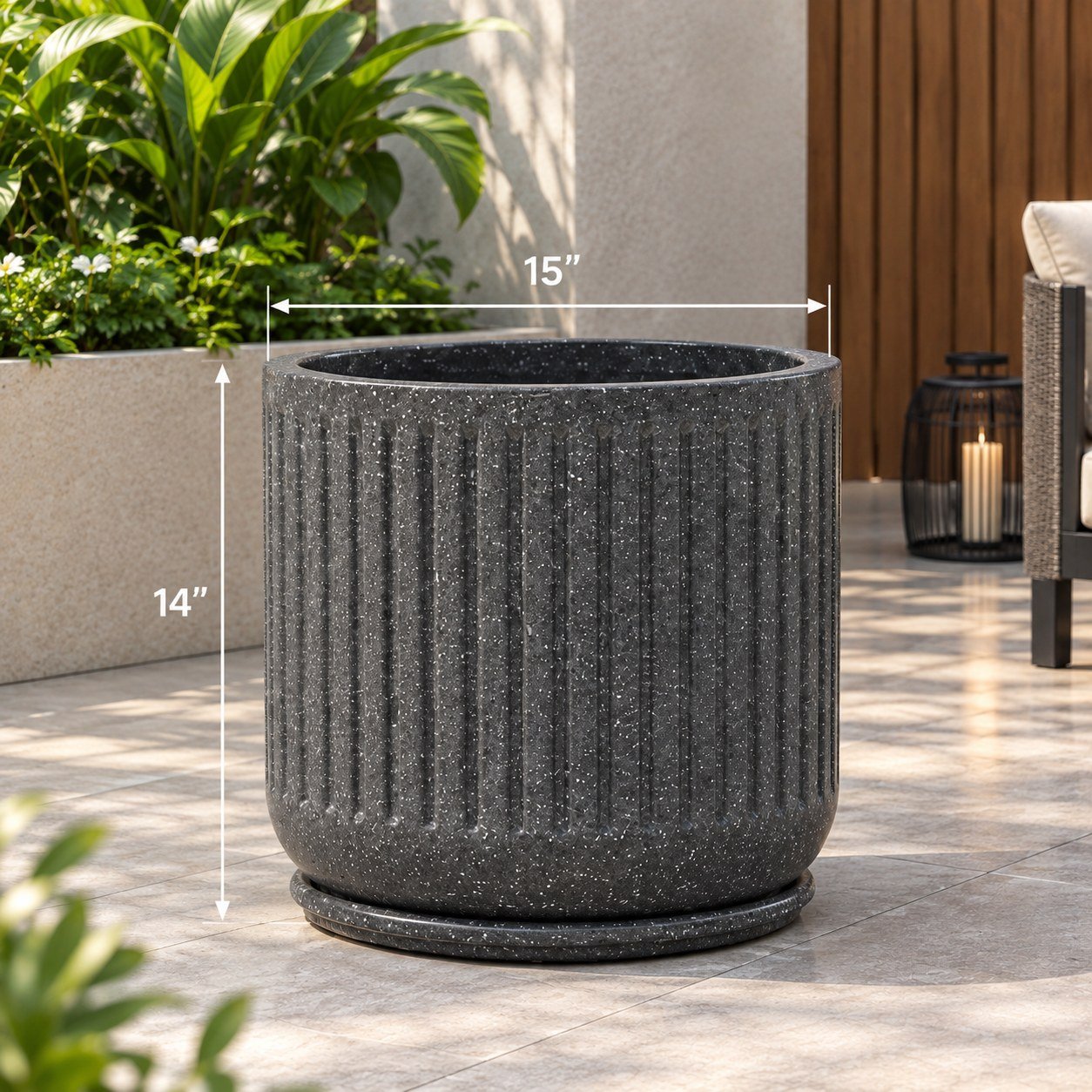 OUTAREA Cosmic 15 Inch Grey Roto Fibre Planter Pot for Home Garden Balcony