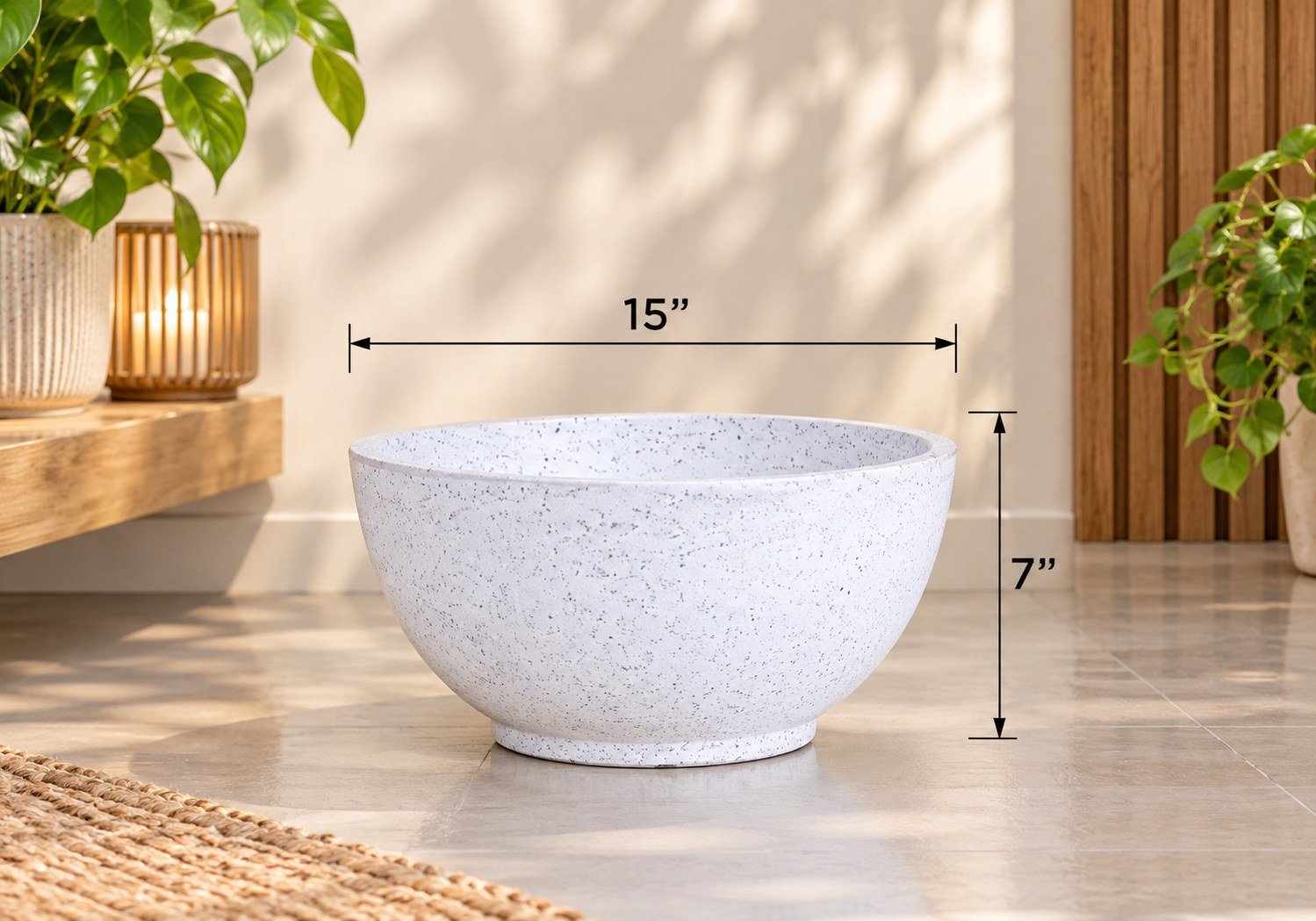 OUTAREA Rio 15 Inch White Roto Fibre Planter Pot for Home Garden Balcony