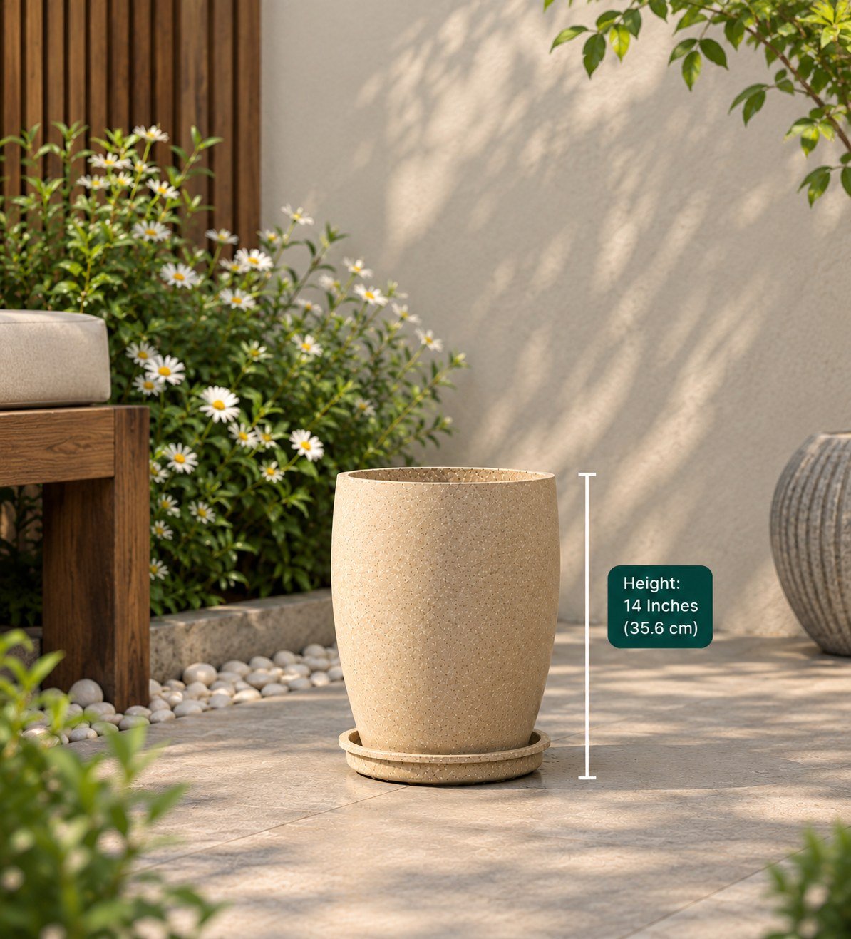 OUTAREA Pluto 14 Inch Beige Roto Fibre Planter Pot for Home Garden Balcony