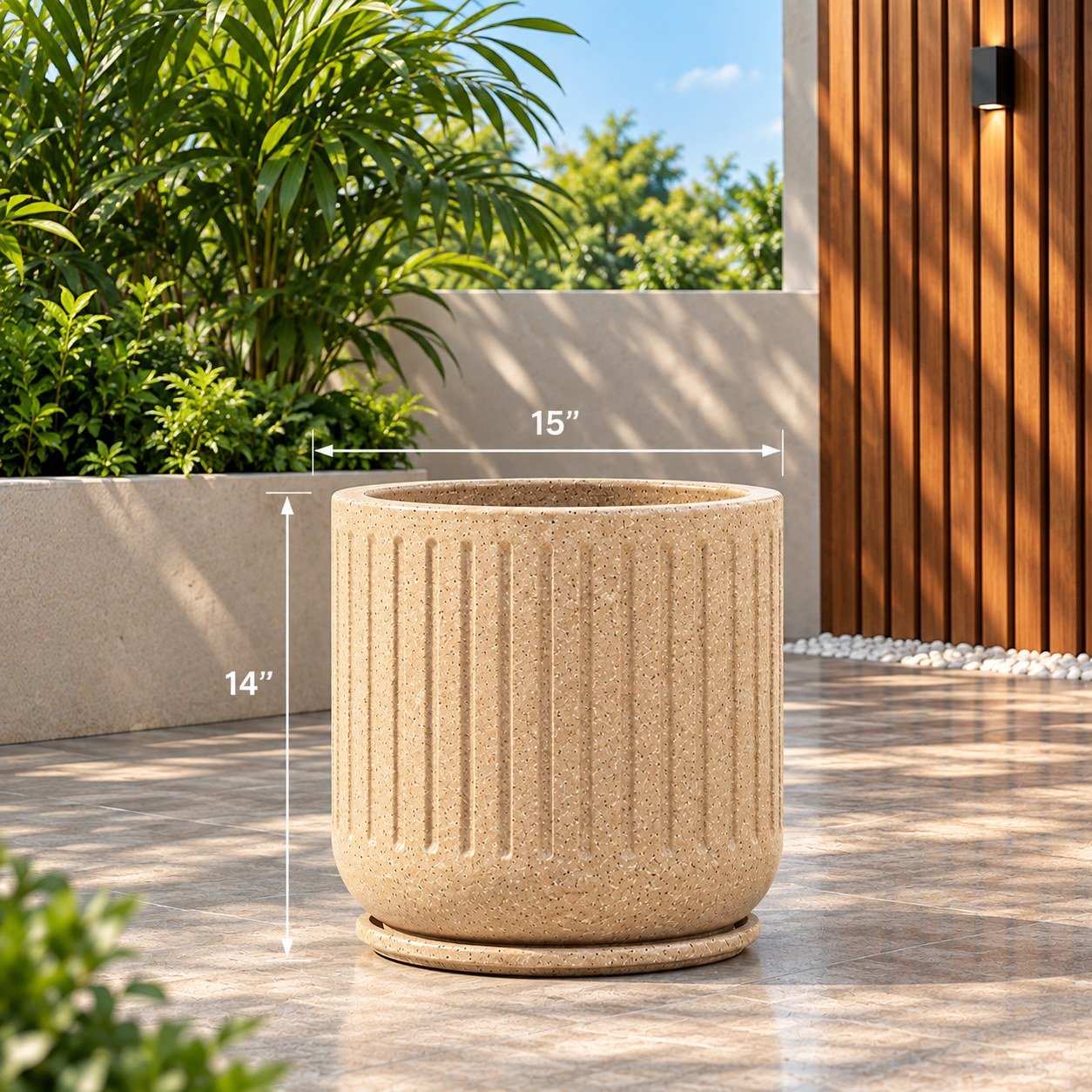OUTAREA Cosmic 15 Inch Beige Roto Fibre Planter Pot for Home Garden Balcony